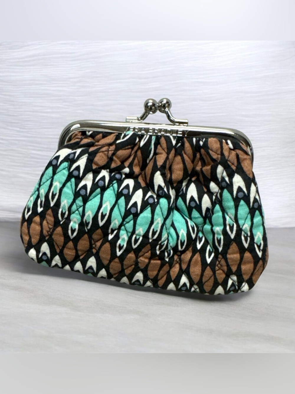 Vera Bradley Quilted Frame Coin Clutch Purse Brown Teal Kiss Lock Small
